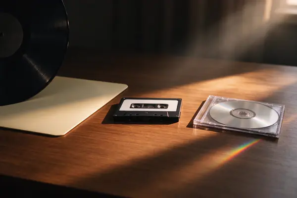 A record, a tape and a CD on a sunlit table