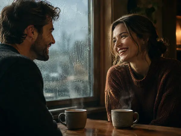 Two hosts laughing over coffee