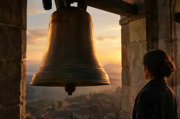A woman beside a bronze bell in a stone tower at golden hour