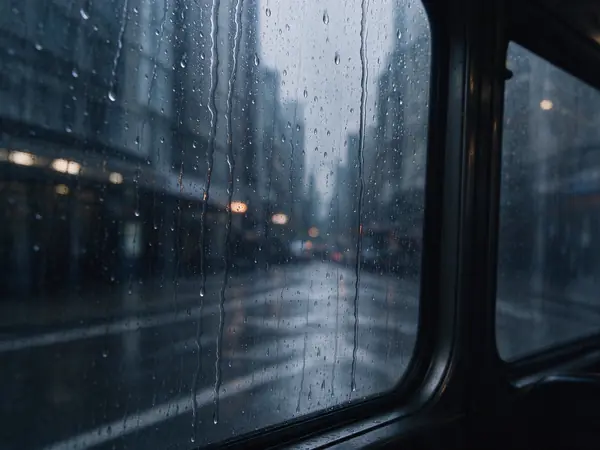 Rain on a bus window on a grey morning
