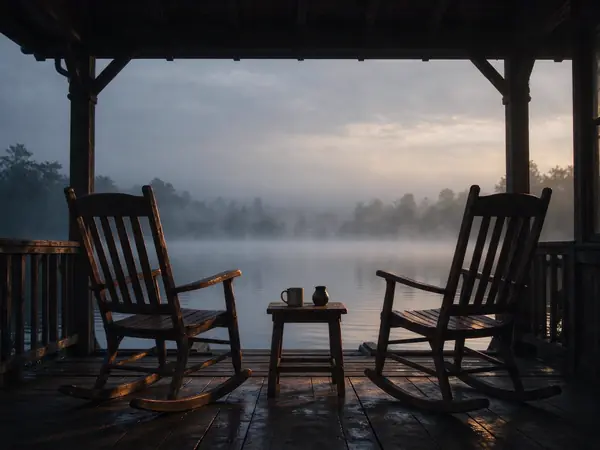 Two rocking chairs on a misty lakeside porch
