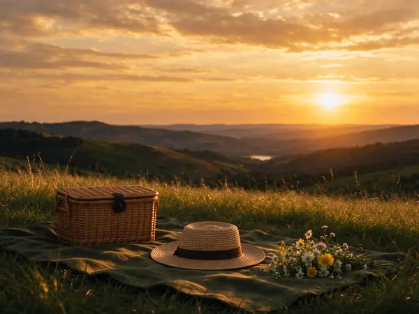 A picnic on a hilltop at sunset