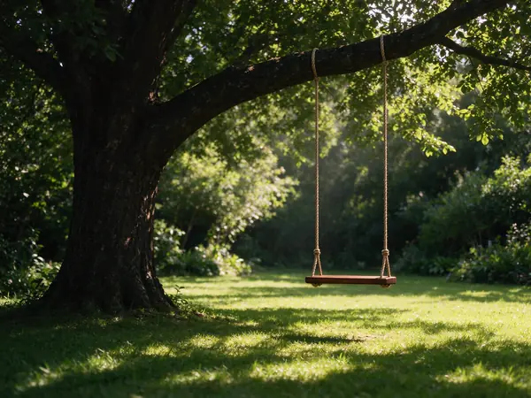 A rope swing in a sunny garden at midday