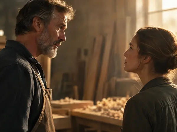 Two people talking in a woodworking studio