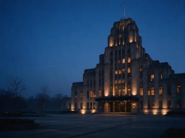 An art-deco broadcasting building at blue hour